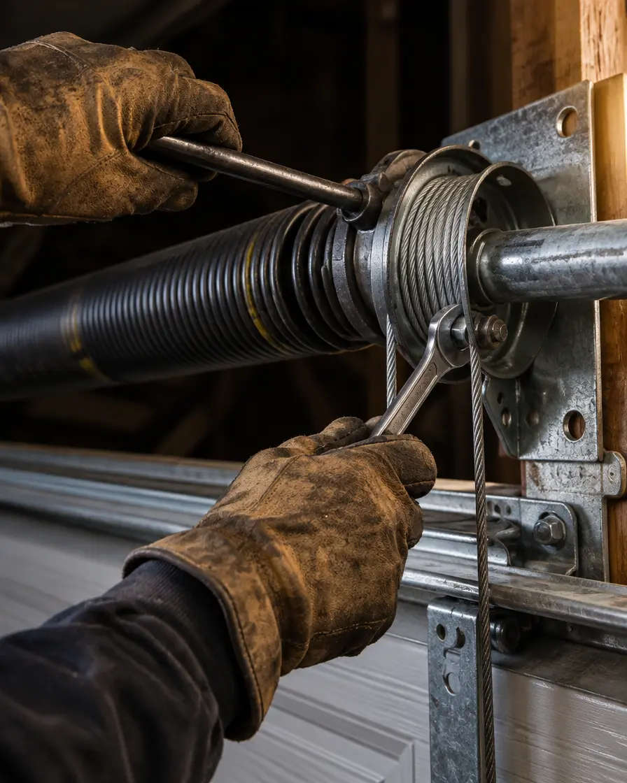 Arbeit an der Torsionsfeder eines Garagentors