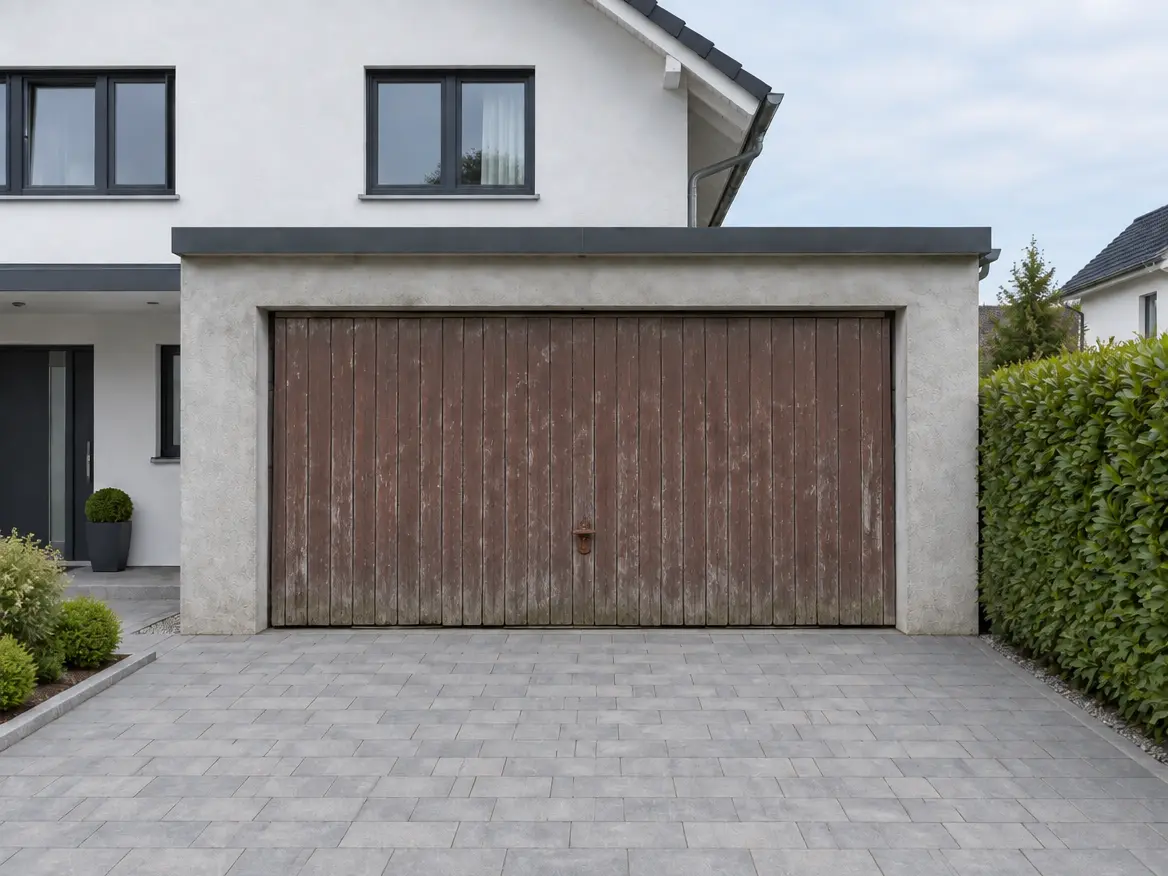 Vorher: Garage mit altem Holztor