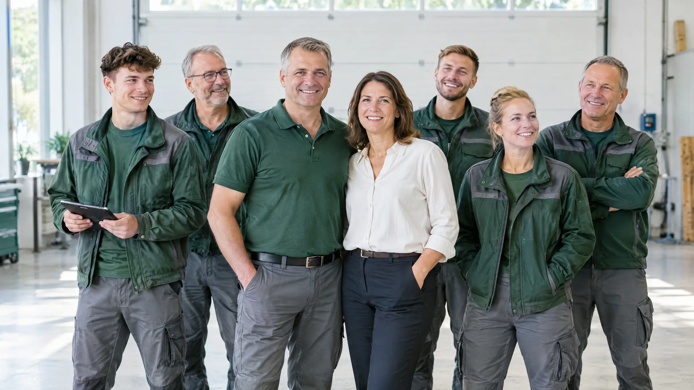 Platzhalter-Gruppenbild: Team eines Handwerksbetriebs vor einer Werkhalle