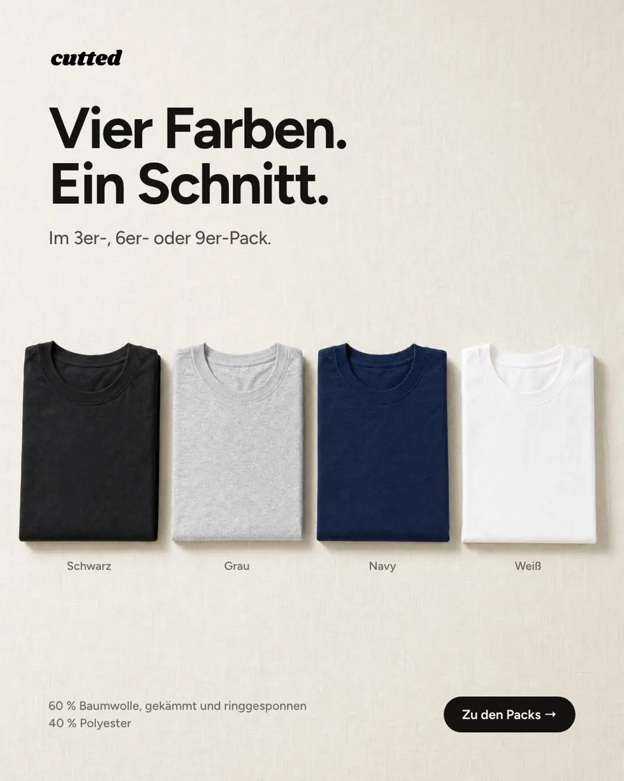 Anzeigenmotiv: vier gefaltete T-Shirts in Schwarz, Grau, Navy und Weiß nebeneinander