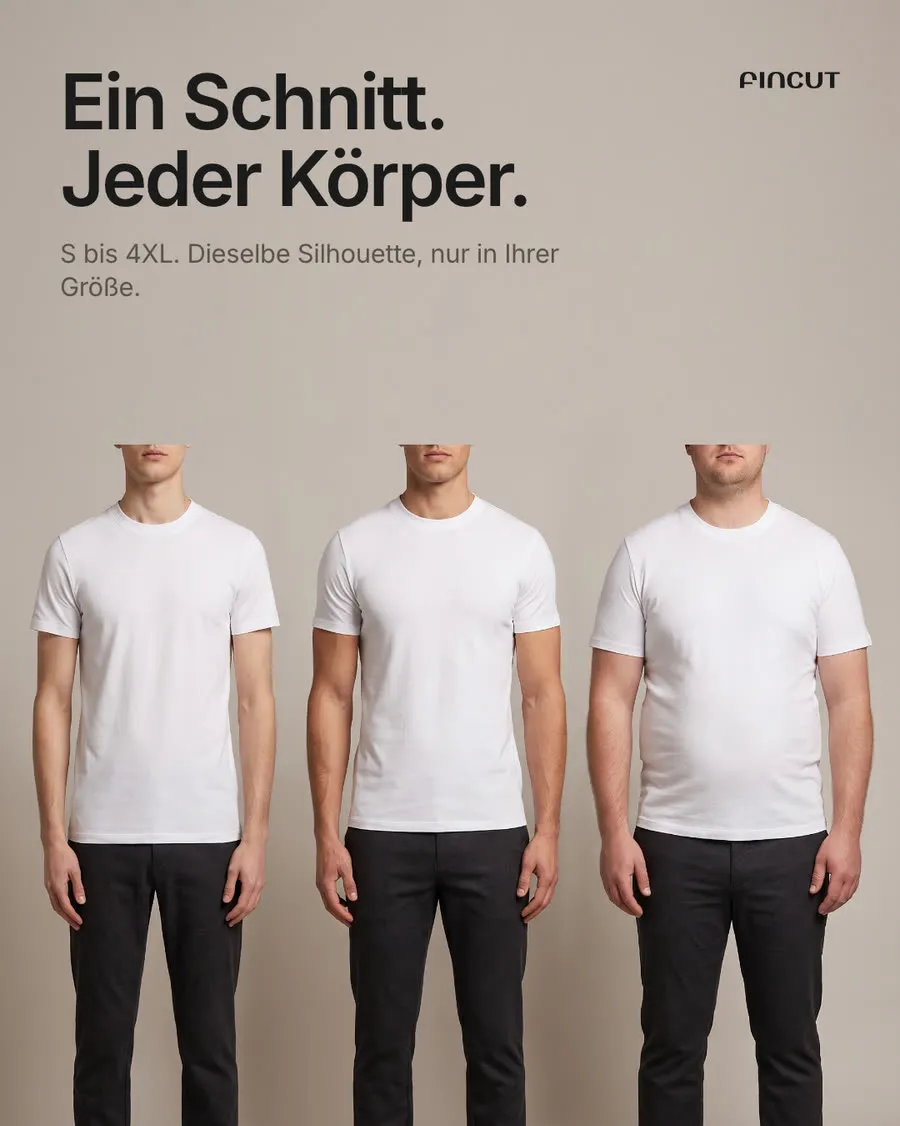 Anzeigenmotiv: drei Männer unterschiedlicher Statur im selben T-Shirt